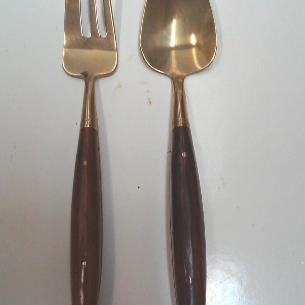 Vintage Brass Rosewood Flatware Appetizer Forks Dessert Spoons Serving Pieces